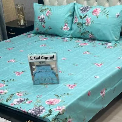 Double Bed Sheet Set Blue Floral Mix Cotton 3 Pcs