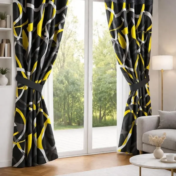 Cotton Printed Curtains 2 Pcs Black Yellow 100"