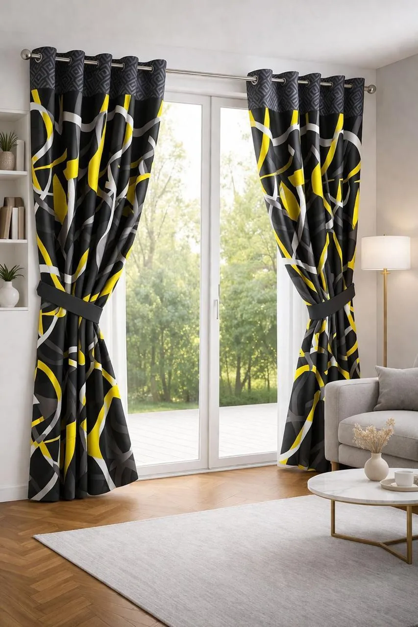 1473-104-717437-product-1474 Cotton Printed Curtains 2 Pcs Black Yellow 100" - Image 1
