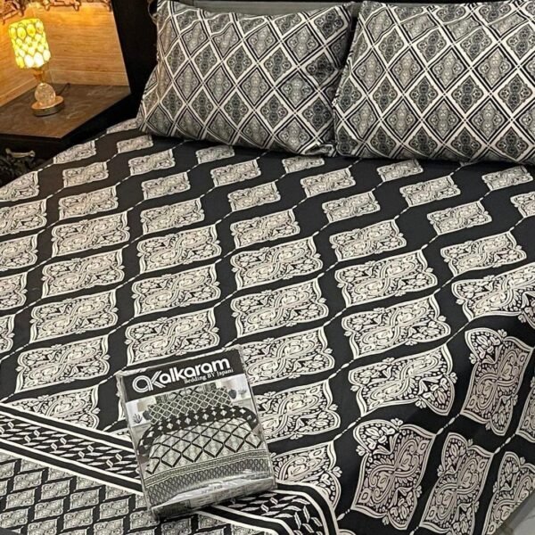 Black Printed Double Bedsheet Set Cotton Mix 3-Piece