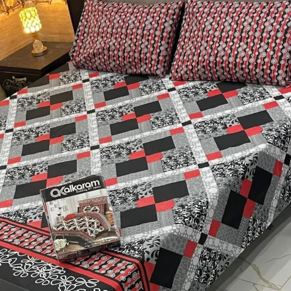 Double Bed Sheet Set Black Red Gray Mix Cotton 3 Pcs
