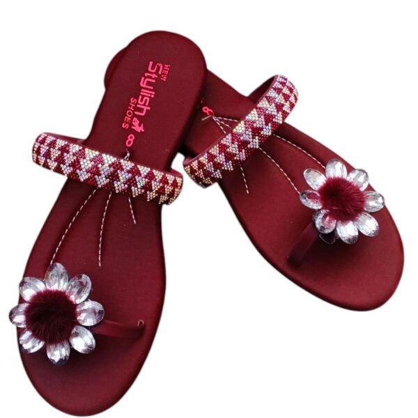 Maroon Satin Sandals with Gemstone Strap & Crystal Flower Accent