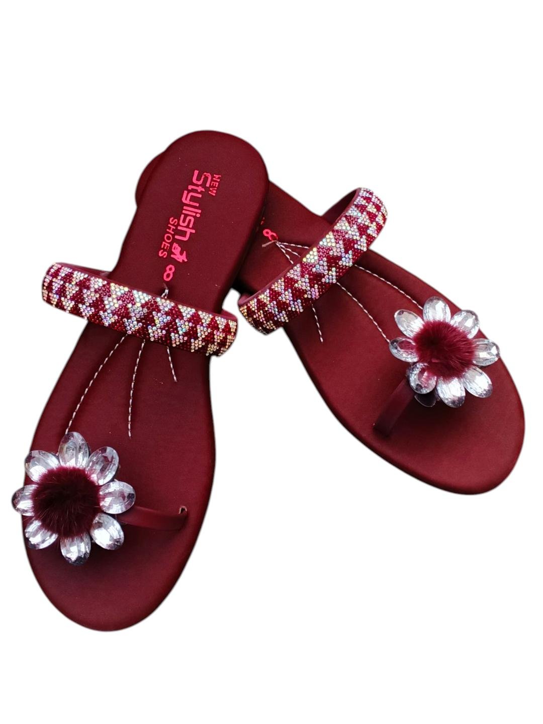 992-139-627765-product-3 Maroon Satin Sandals with Gemstone Strap & Crystal Flower Accent - Image 1