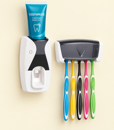 Automatic Toothpaste Dispenser Set with wall-mounted toothbrush holder for bathroom organization