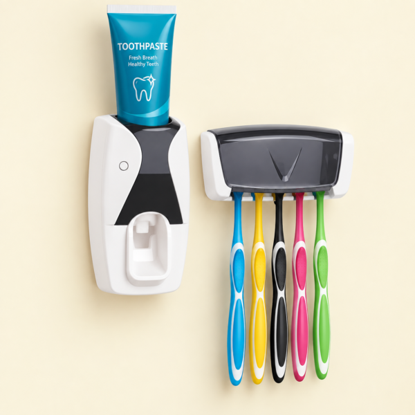Automatic Toothpaste Dispenser Set with wall-mounted toothbrush holder for bathroom organization