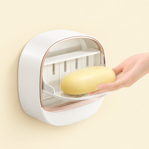 Milky White | Self-Adhesive Wall-Mounted Luxury Soap Holder with Lid and Drainage Tray