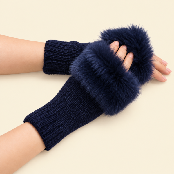 Women’s Faux Fur Fingerless Knitted Gloves | Warm Winter Hand Wrist Warmers | Soft, Stylish & Comfortable | Blue