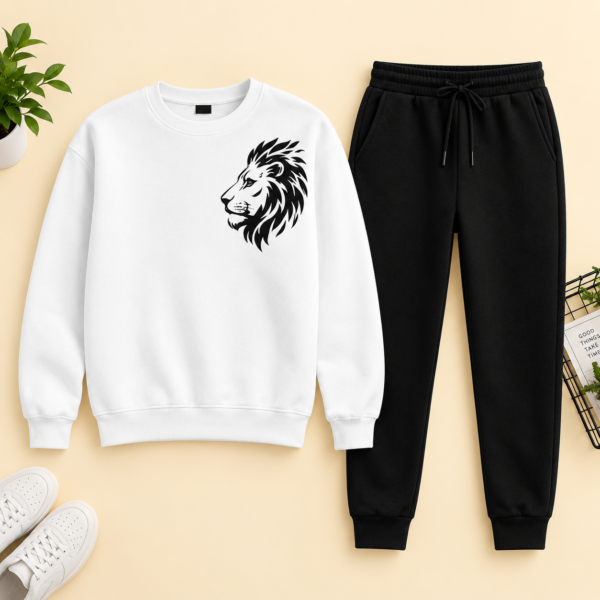 LION Printed White Tracksuit Sweatshirt & Trouser  | Warm & Comfortable Winter Wear | XL