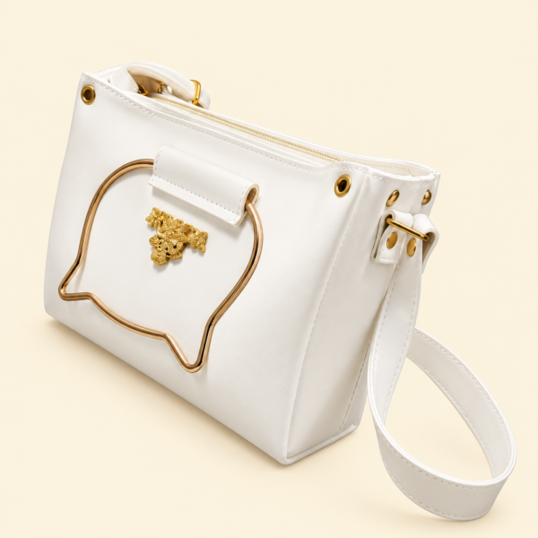 White Elegant Cat Handle Handbag for Girls & Ladies | Stylish Shoulder & Crossbody Bag with Gold Accents | Adjustable Strap