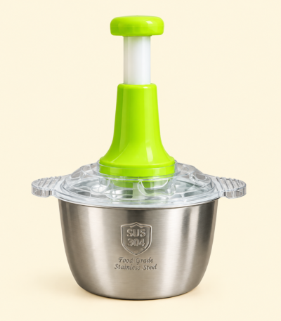 2L manual food chopper with stainless steel bowl and four sharp blades for chopping vegetables and herbs