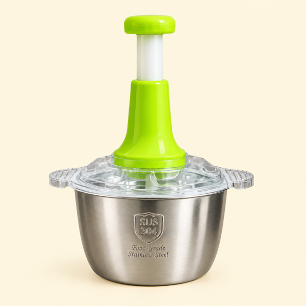 2L manual food chopper with stainless steel bowl and four sharp blades for chopping vegetables and herbs