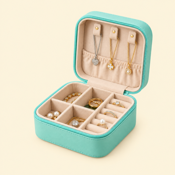 Square Mini Jewellery Box | Portable PU Leather Travel Organizer with Removable Dividers