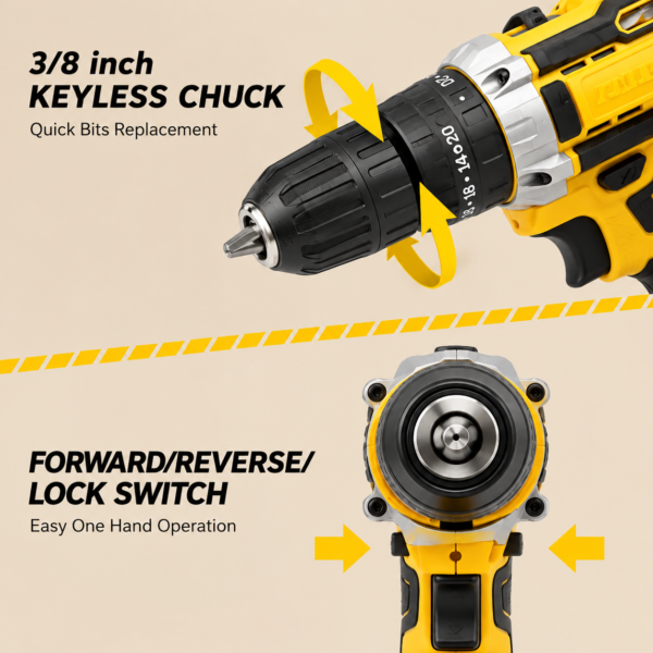 Cordless drill machine kit with two rechargeable batteries and 26 accessories