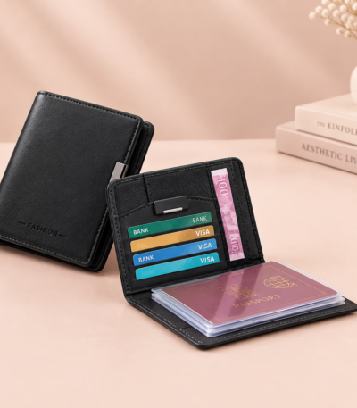 RFID blocking passport wallet made from PU leather with card and cash pockets