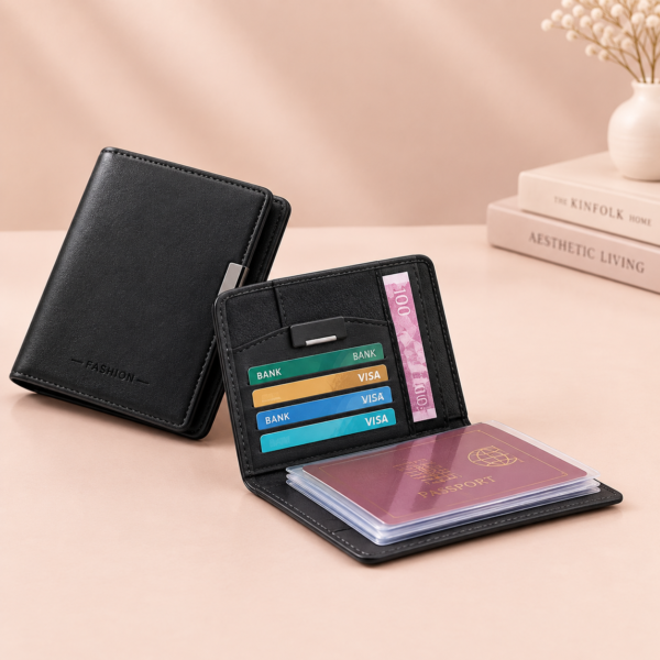 RFID blocking passport wallet made from PU leather with card and cash pockets