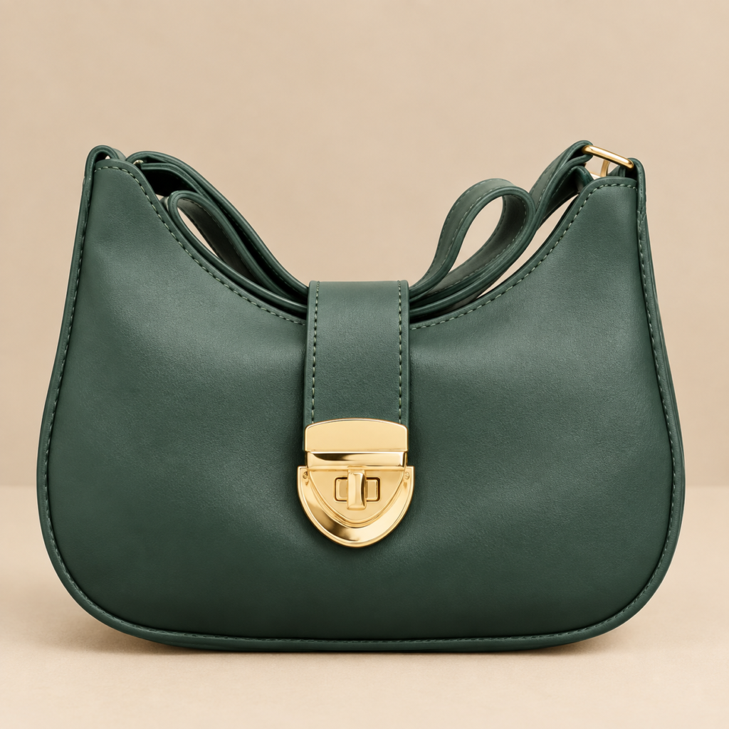 Deep green crescent leather luxury shoulder bag for women with elegant curved design and shoulder strap