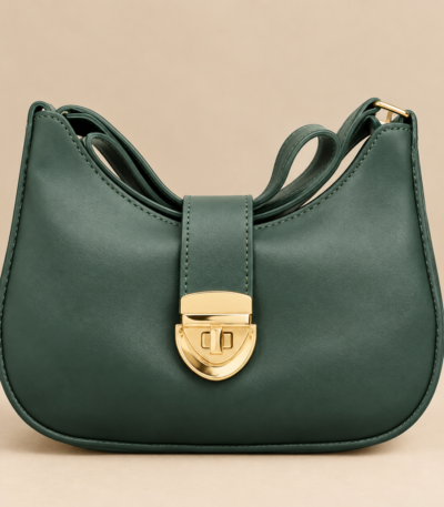 Deep green crescent leather luxury shoulder bag for women with elegant curved design and shoulder strap