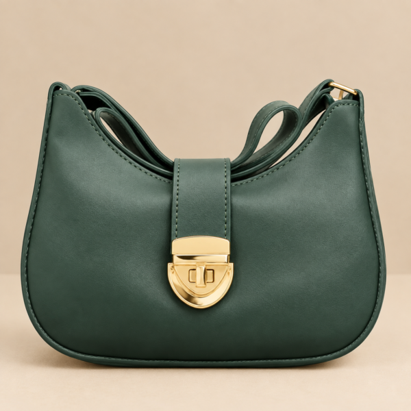 Deep green crescent leather luxury shoulder bag for women with elegant curved design and shoulder strap