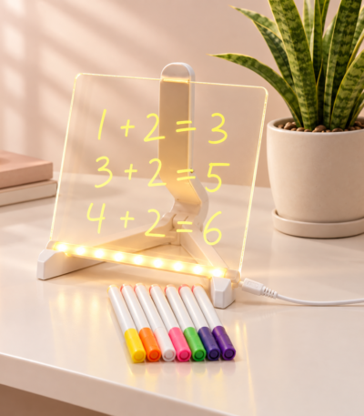 8x8 inch LED acrylic writing board with USB light, stand, and 7 colorful erasable pens