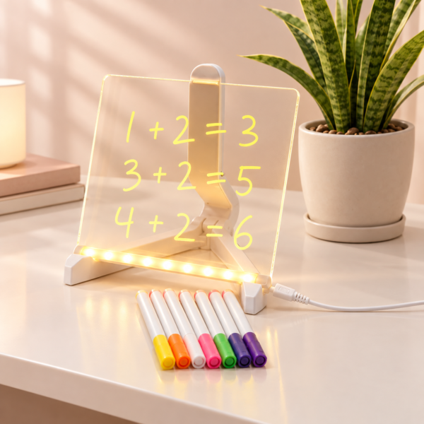 8x8 inch LED acrylic writing board with USB light, stand, and 7 colorful erasable pens