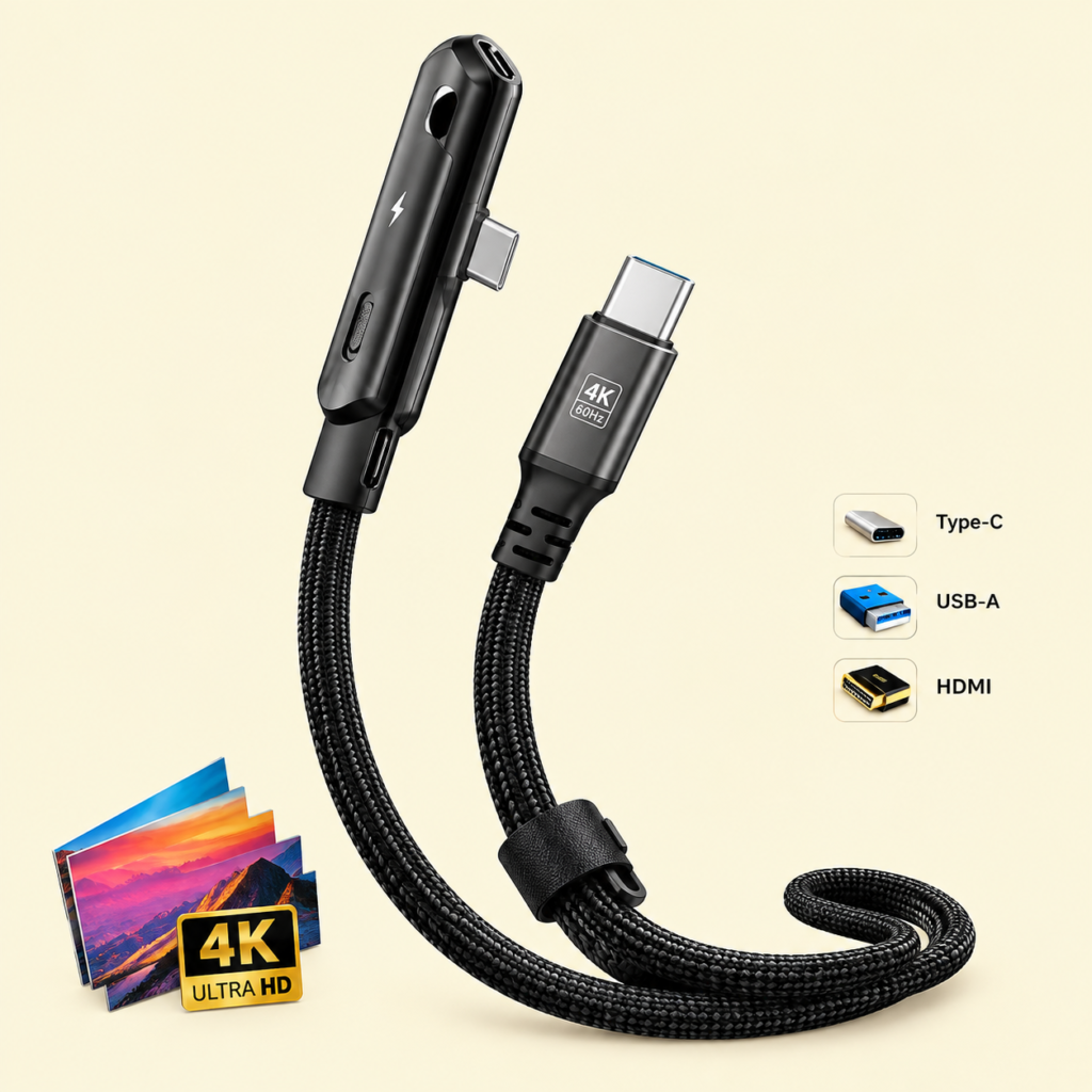 USB-C 240W fast charging cable with foldable phone stand and braided design