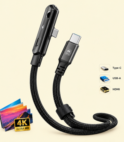 USB-C 240W fast charging cable with foldable phone stand and braided design