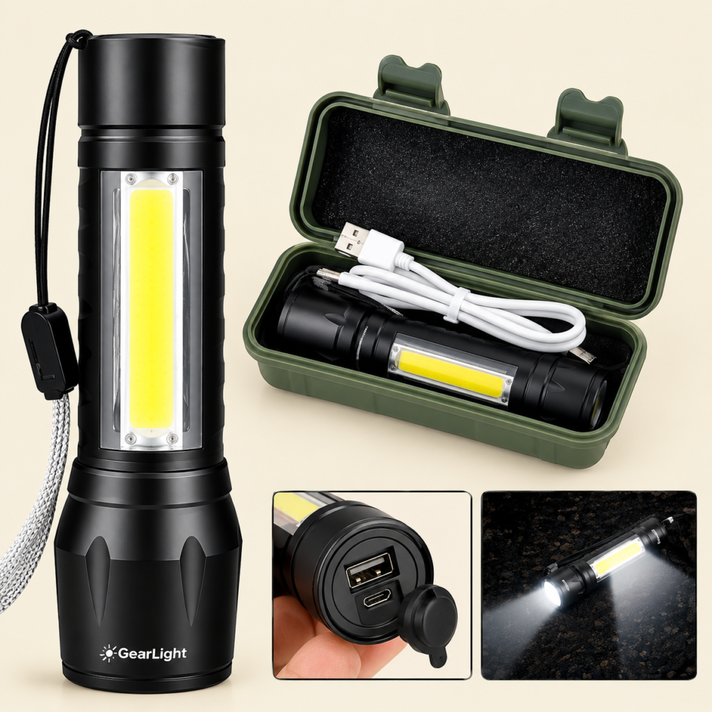 Mini rechargeable COB flashlight torch with bright LED work light and waterproof penlight design