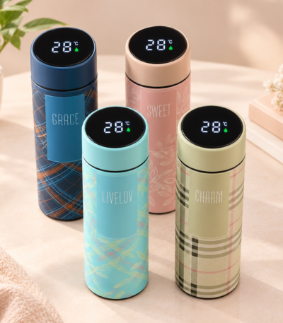 500ml LED temperature display stainless steel water bottle with checkered design