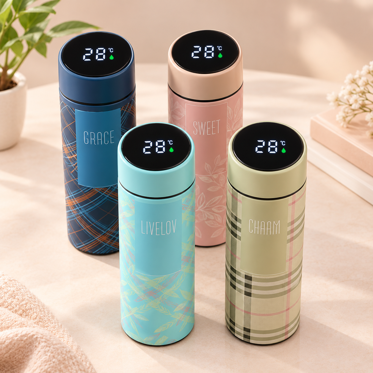 ChatGPT Image Sep 16, 2026, 12_25_58 PM 500ml LED temperature display stainless steel water bottle with checkered design