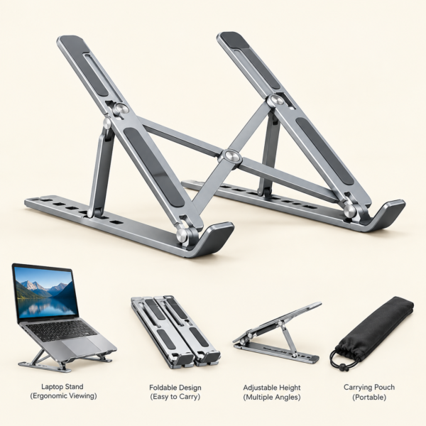 Premium Aluminum Foldable Laptop Stand | Sturdy, Adjustable, Portable | Silver & Black