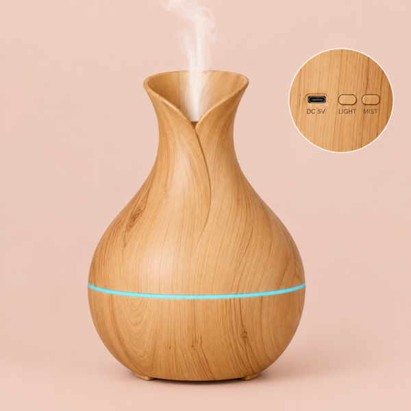 Vase-Shaped LED Humidifier | Model  JSQ07 | USB Wood Grain Ultrasonic Cold Mist Humidifier | Aromatherapy Air Freshener | 200 ml