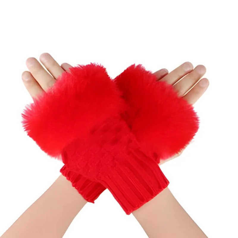 ProductImage-2025-11-17T180114.961_1763384631.webp Women’s Faux Fur Fingerless Knitted Gloves | Warm Winter Hand Wrist Warmers | Soft, Stylish & Comfortable | Red - Image 1
