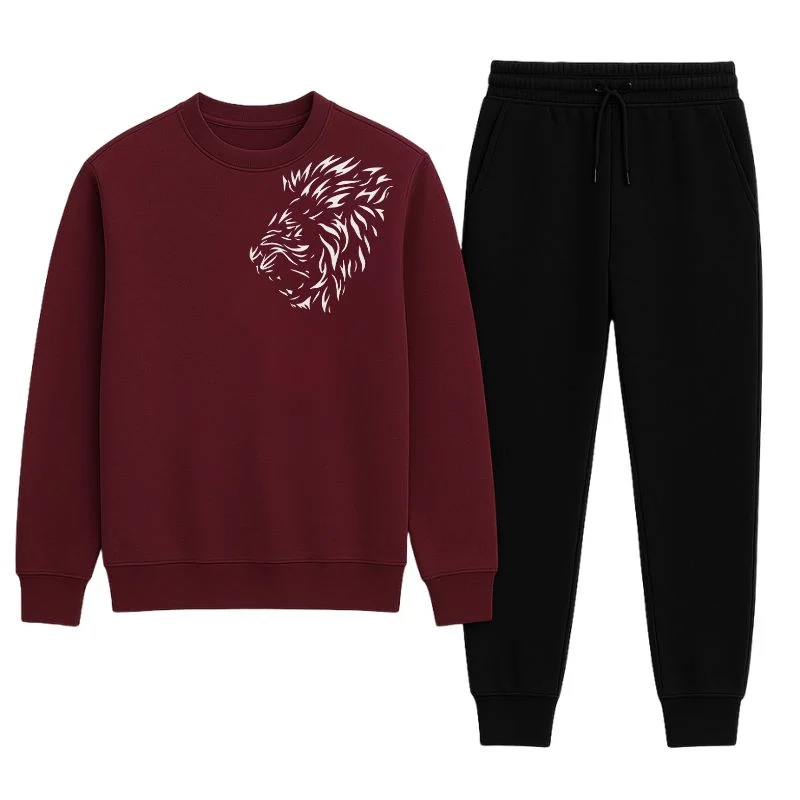 ProductImage83_1761993319.webp LION Printed Maroon Tracksuit Sweatshirt & Trouser | Warm & Comfortable Winter Wear | Medium - Image 1