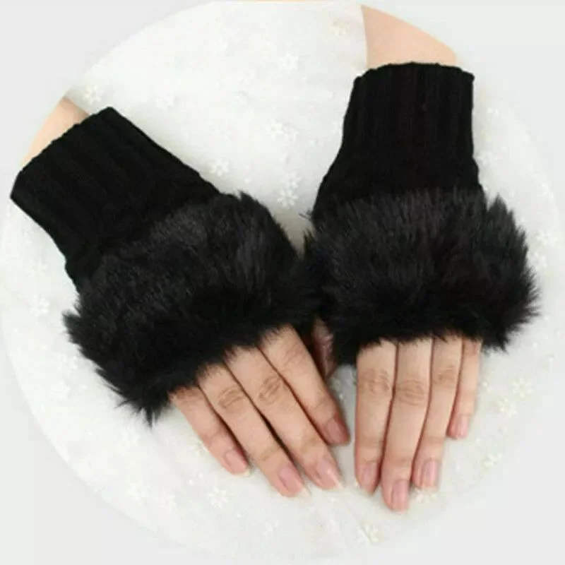 ProductImage95_1763382064.webp Women’s Faux Fur Fingerless Knitted Gloves | Warm Winter Hand Wrist Warmers | Soft, Stylish & Comfortable | Black - Image 1