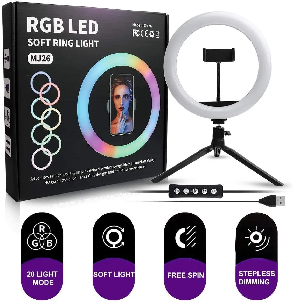 RGB-Led-Soft-Ring-Light_1748121159.webp MJ26 RGB LED Ring Light 26cm with Tripod, Phone Holder & 360° Color Modes - Image 1