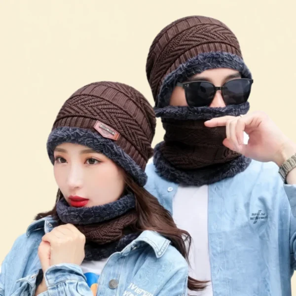 Winter Wool Cap with Neck Warmer Set | Thermal Beanie & Scarf Combo for Men and Women | Brown And Gray