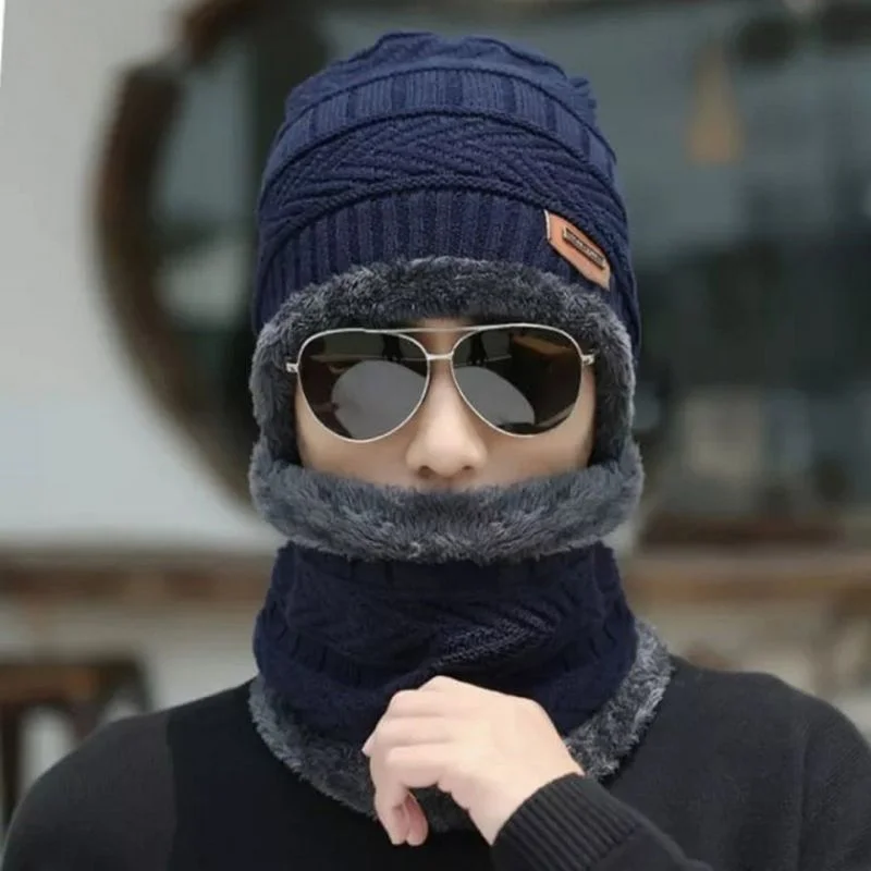 Untitleddesign23_1761122624.webp Winter Wool Cap with Neck Warmer Set | Thermal Beanie & Scarf Combo for Men and Women | Blue And Gray - Image 1