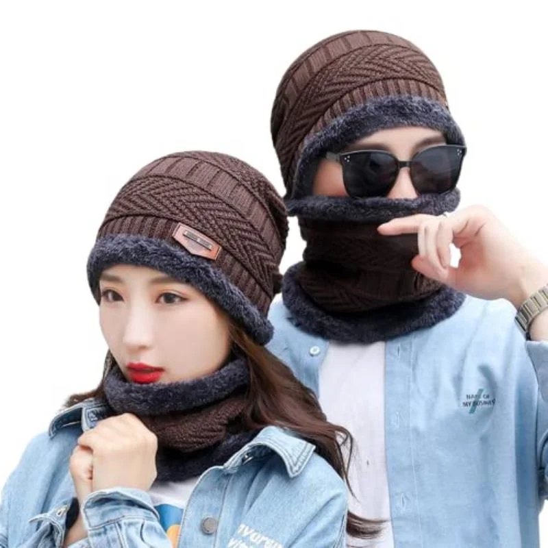 Untitleddesign43_1761131129.webp Winter Wool Cap with Neck Warmer Set | Thermal Beanie & Scarf Combo for Men and Women | Brown And Gray - Image 1