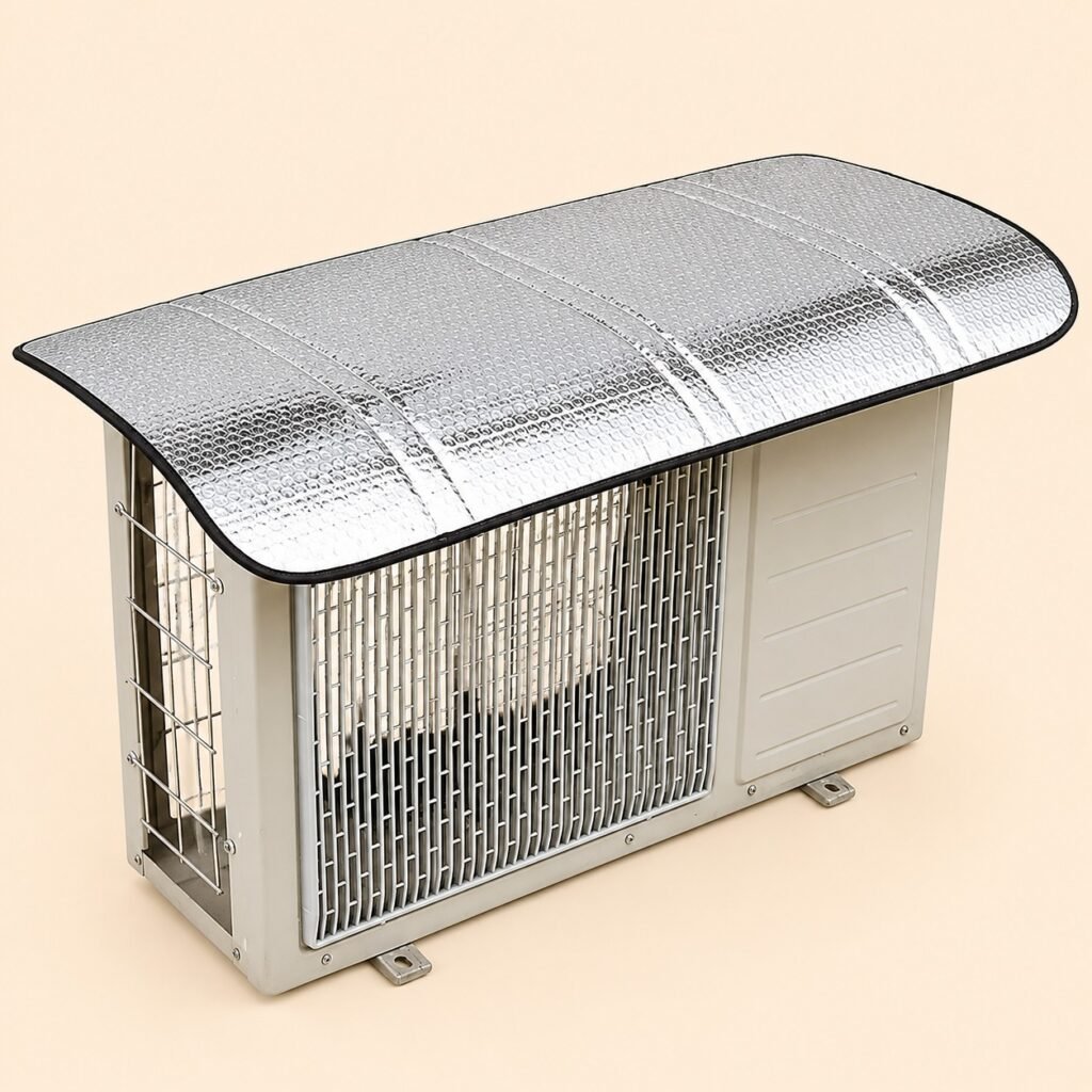 Luxury outdoor AC unit shade cover protecting a condenser from sunlight and weather