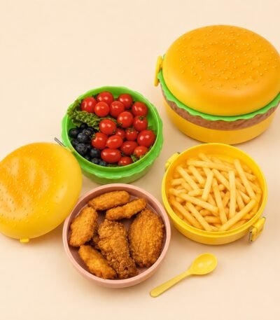 Colorful hamburger shaped kids lunch box with multi-layer food compartments