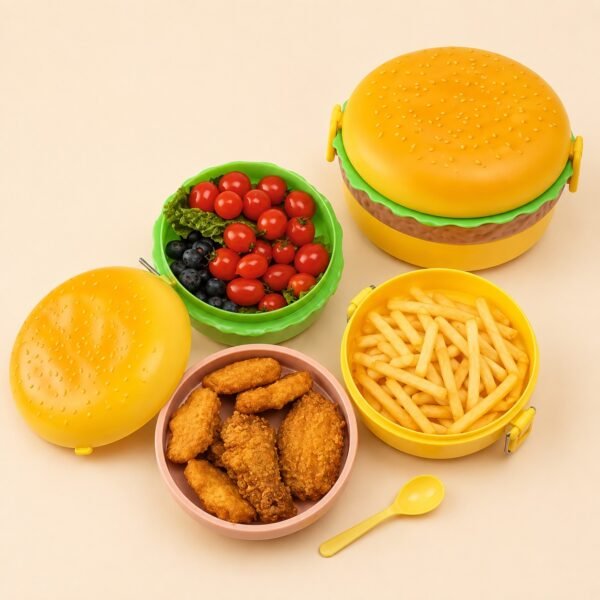 Colorful hamburger shaped kids lunch box with multi-layer food compartments