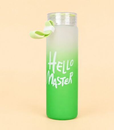 400ml green frosted glass water bottle with leak-proof insulated design and Hello Master decal logo