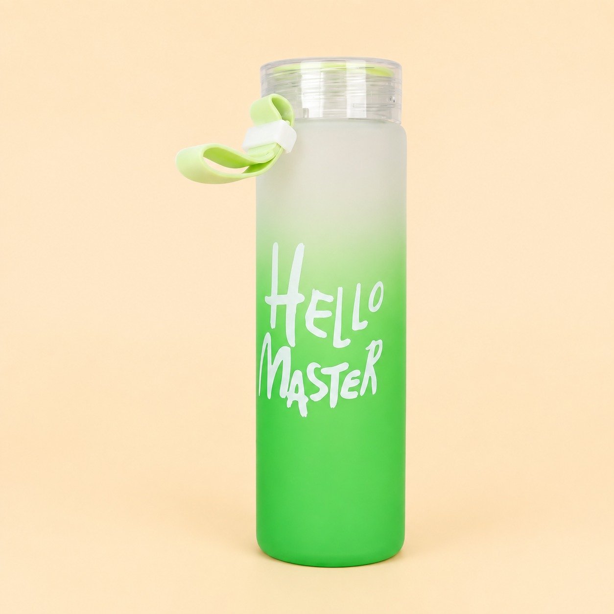 WhatsApp Image 2026-08-20 at 8.22.40 PM (8) 400ml green frosted glass water bottle with leak-proof insulated design and Hello Master decal logo