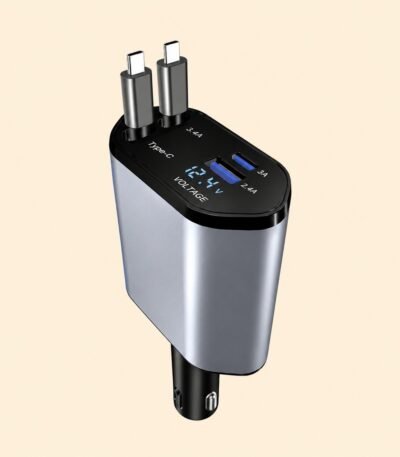 4-in-1 retractable car charger with dual USB ports, USB-C PD fast charging, and 100W power delivery