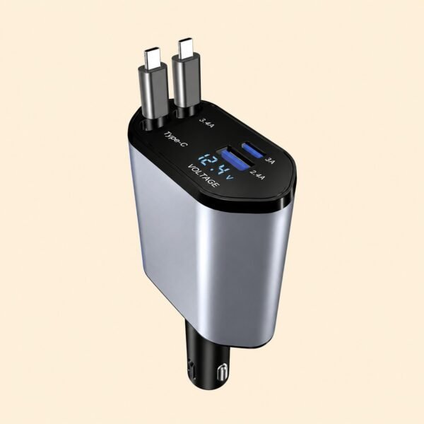 4-in-1 retractable car charger with dual USB ports, USB-C PD fast charging, and 100W power delivery
