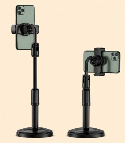 Adjustable mobile phone stand with flexible gooseneck arm and stable desk clamp for recording, live streaming, and video calls.