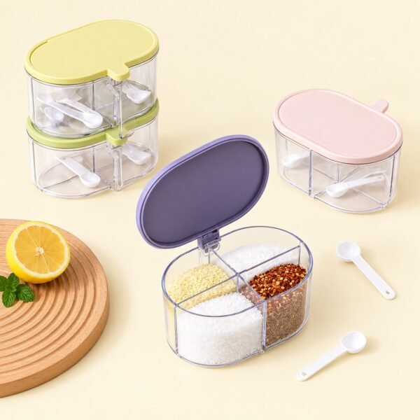 4 Compartments Spice Box | Masala Storage Box | Plastic Kitchen Organizer | Leak-Proof & Reusable