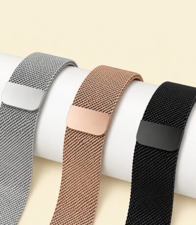 Black Apple Watch Milanese magnetic loop strap made from stainless steel for 42mm, 44mm, and 45mm cases