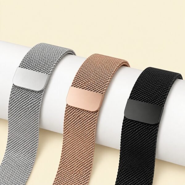 Black Apple Watch Milanese magnetic loop strap made from stainless steel for 42mm, 44mm, and 45mm cases
