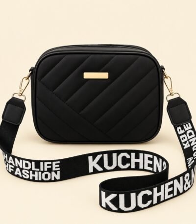 Black leather handbag for women and girls with shoulder strap